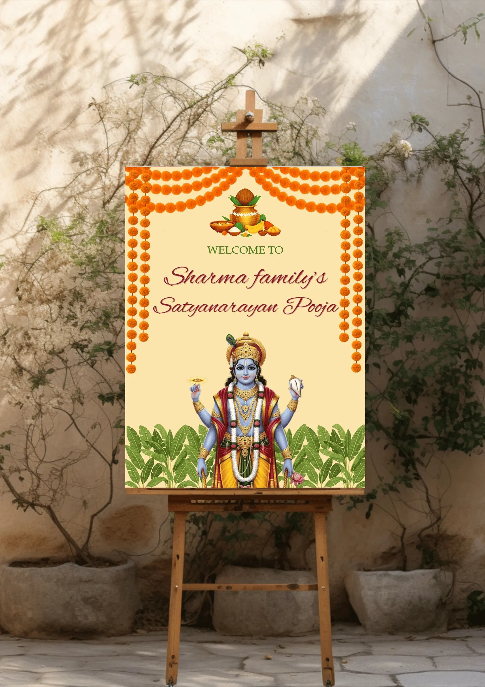 Satyanarayana Pooja Standee Board with Yellow Theme