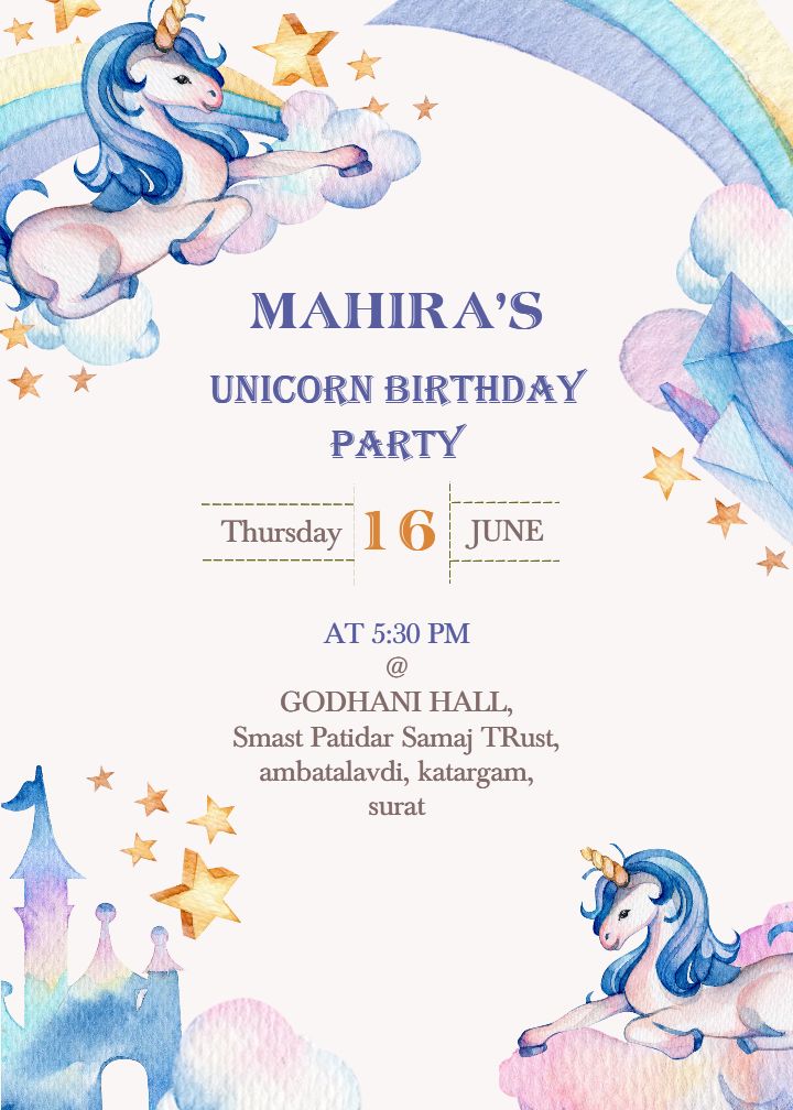 Unicorn Theme Birthday Invitation Card Wording for Girls