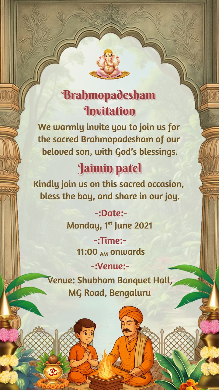Brahmopadesham Invitation in English with Ganesha Motif