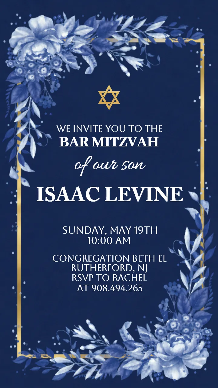 Bar Bat Mitzvah Invitation Template Navy Floral Design