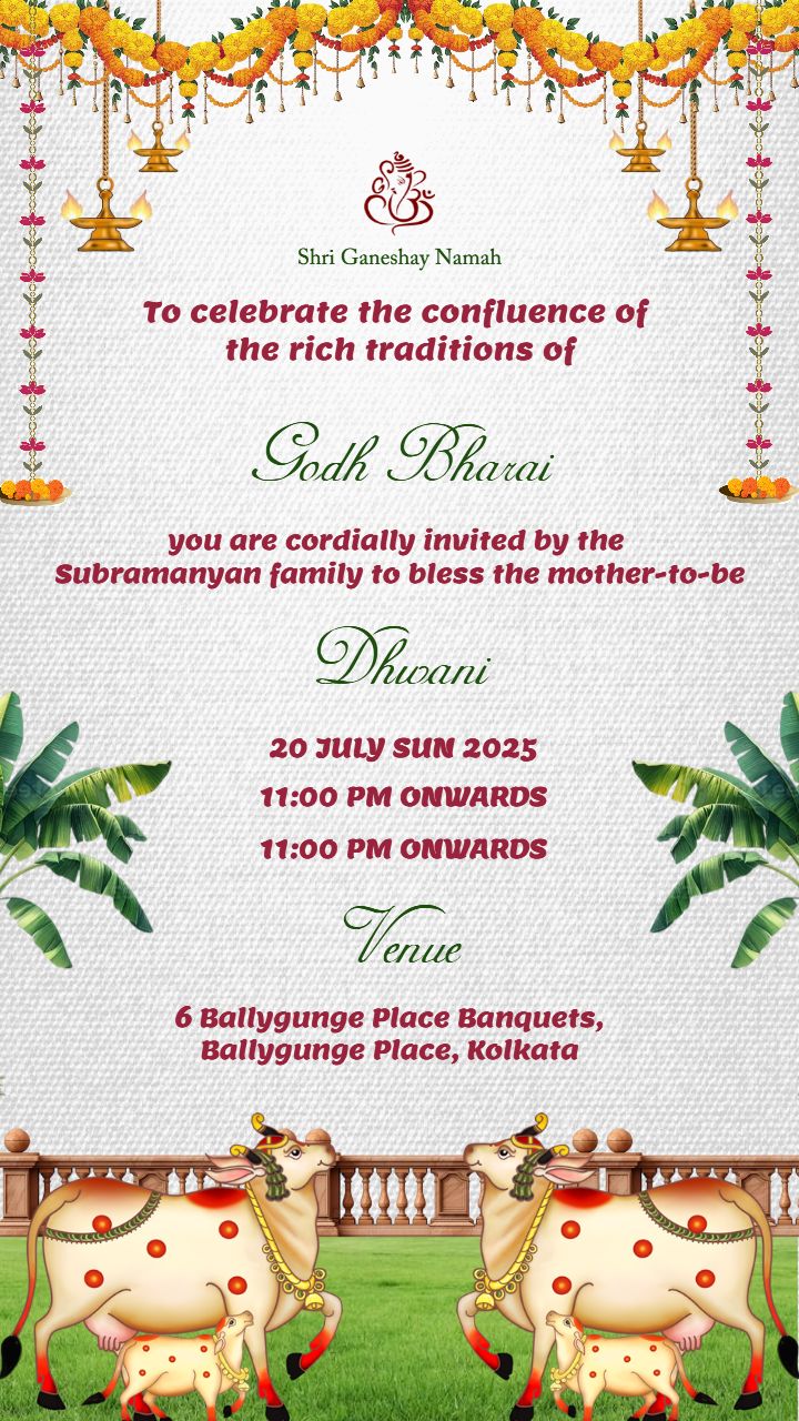 Invite Card For Godh Bharai Ceremony With Cow Motif