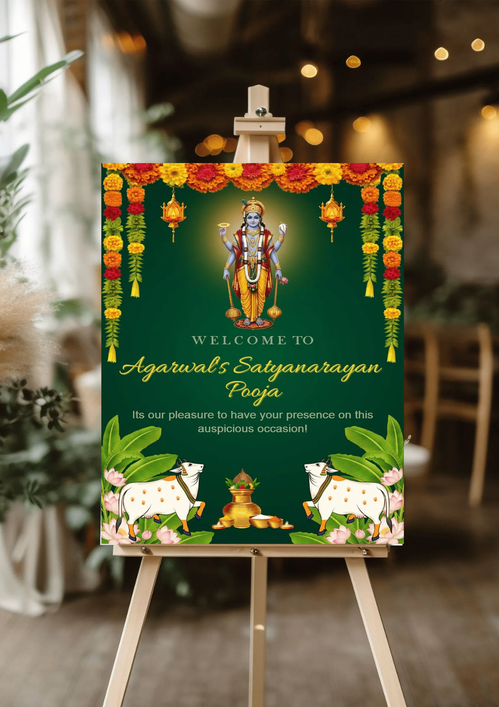 Satyanarayana Pooja Standee Board Invitation Green Theme
