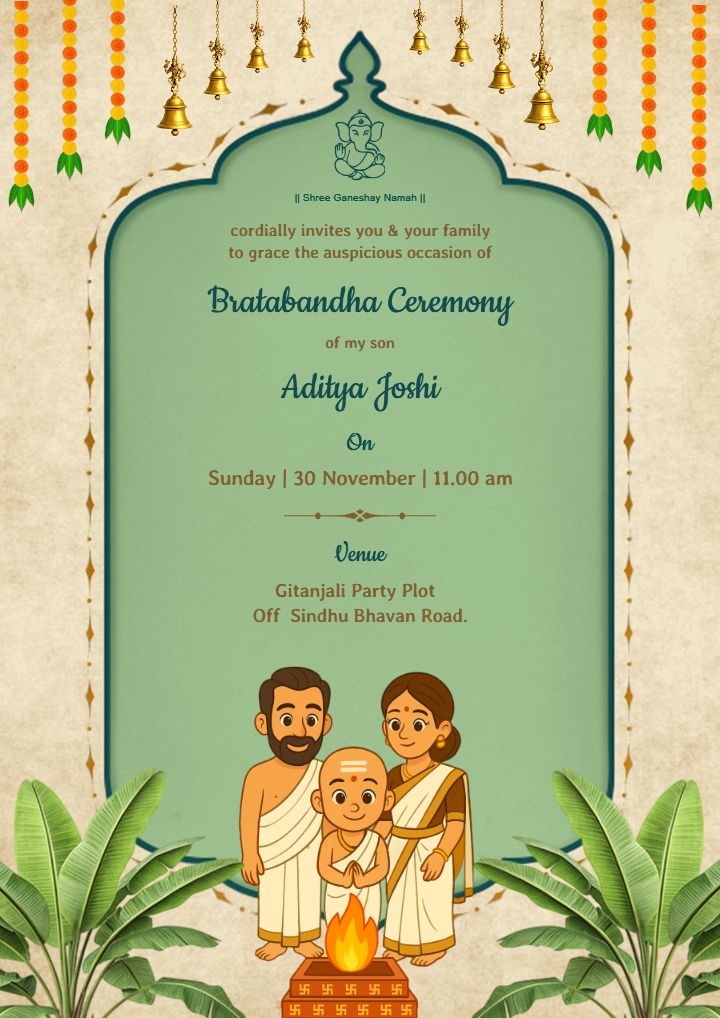 Bratbandha Ceremony Invitation in English Green Leaf Design