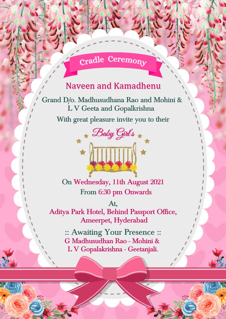 Cradle Ceremony Invitation in English Baby Girl Theme