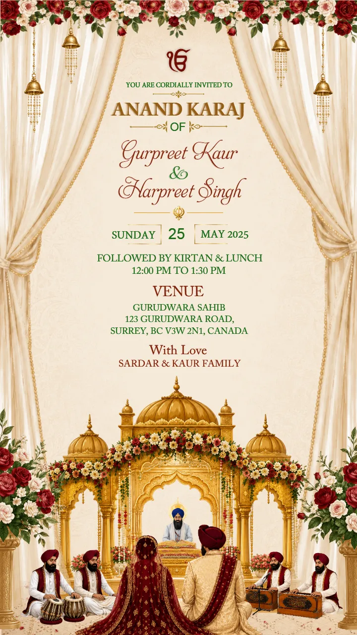 Anand Karaj Invitation Card with Royal Floral Design