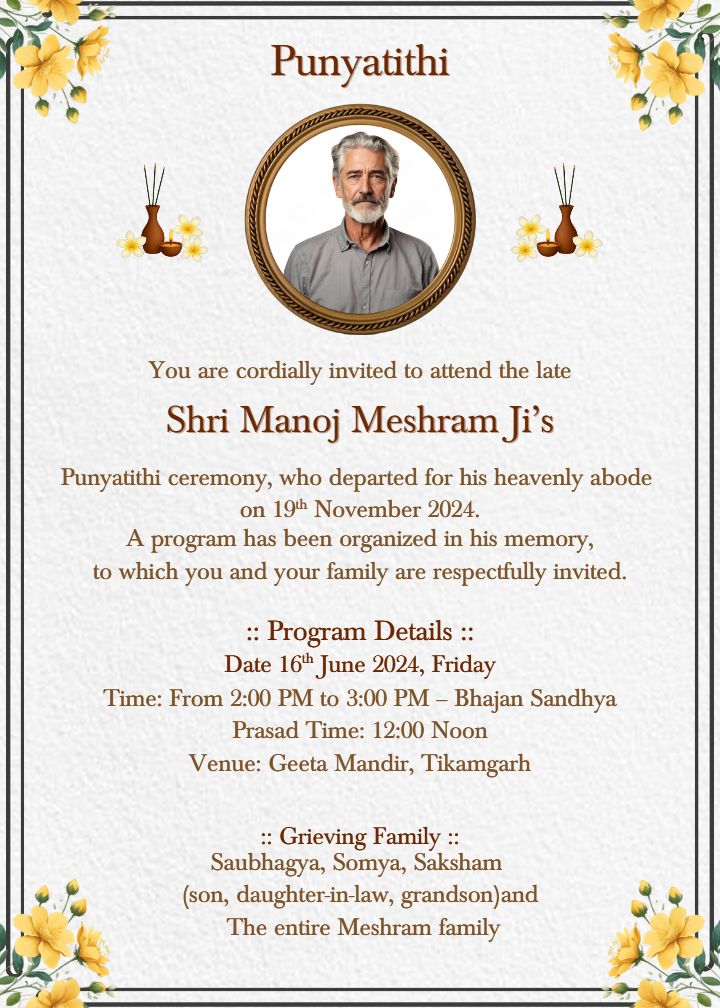 White background punyatithi invitation in English format
