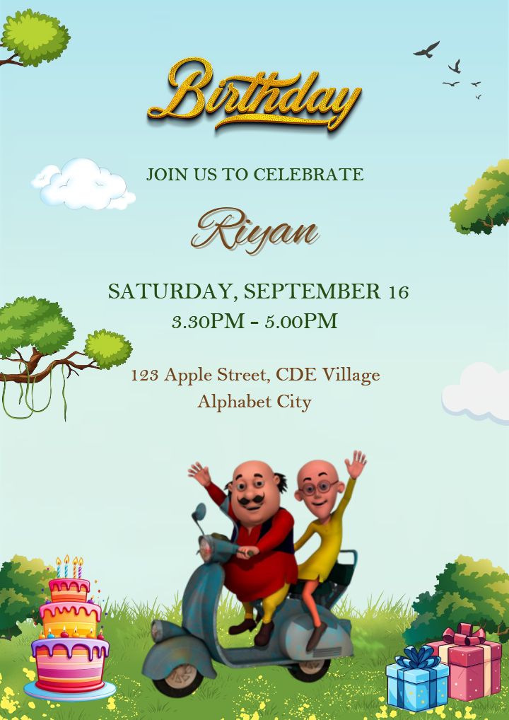 Motu Patlu Theme Birthday Ceremony Invitation Card for Kids
