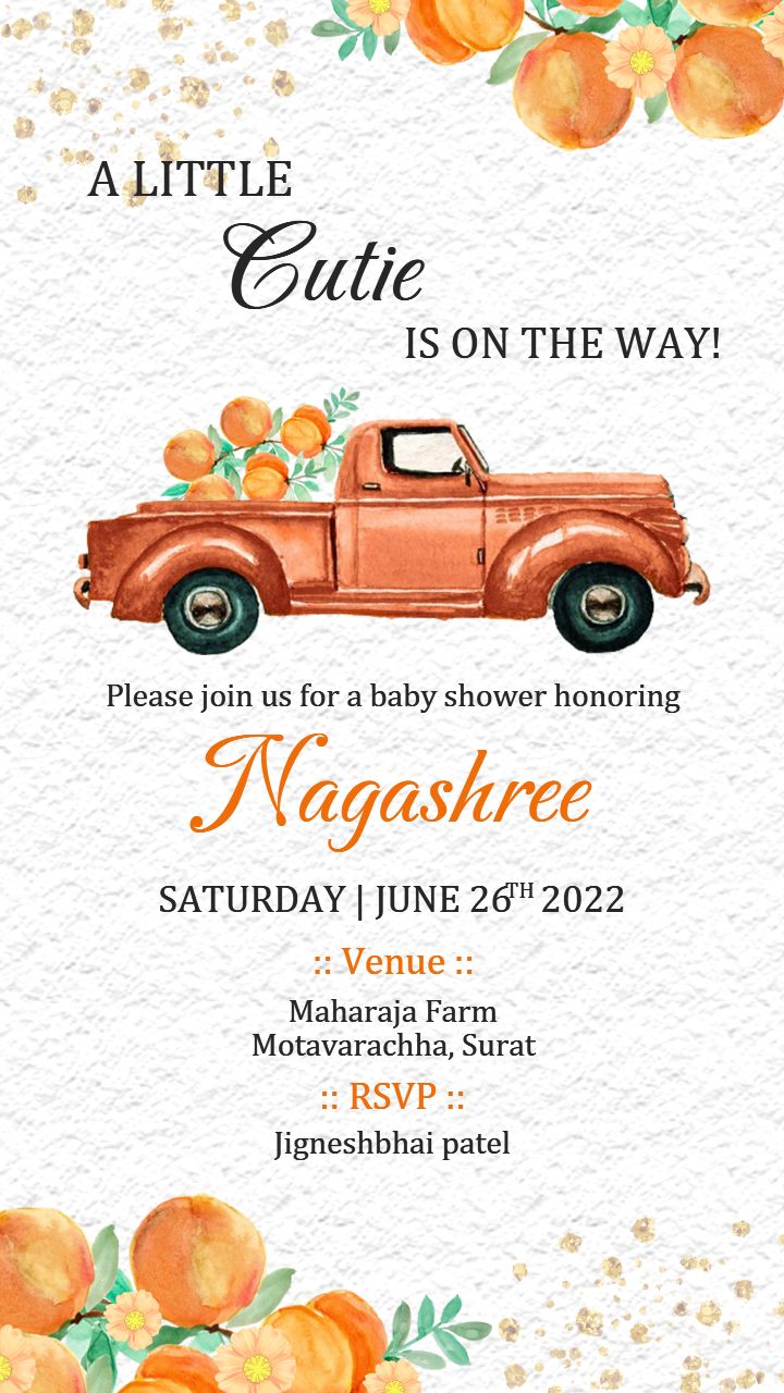 Baby Shower Invite with Orange Truck and Floral Theme