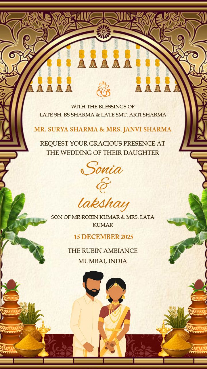 South Indian Tamil Wedding Invitation with Couple Art