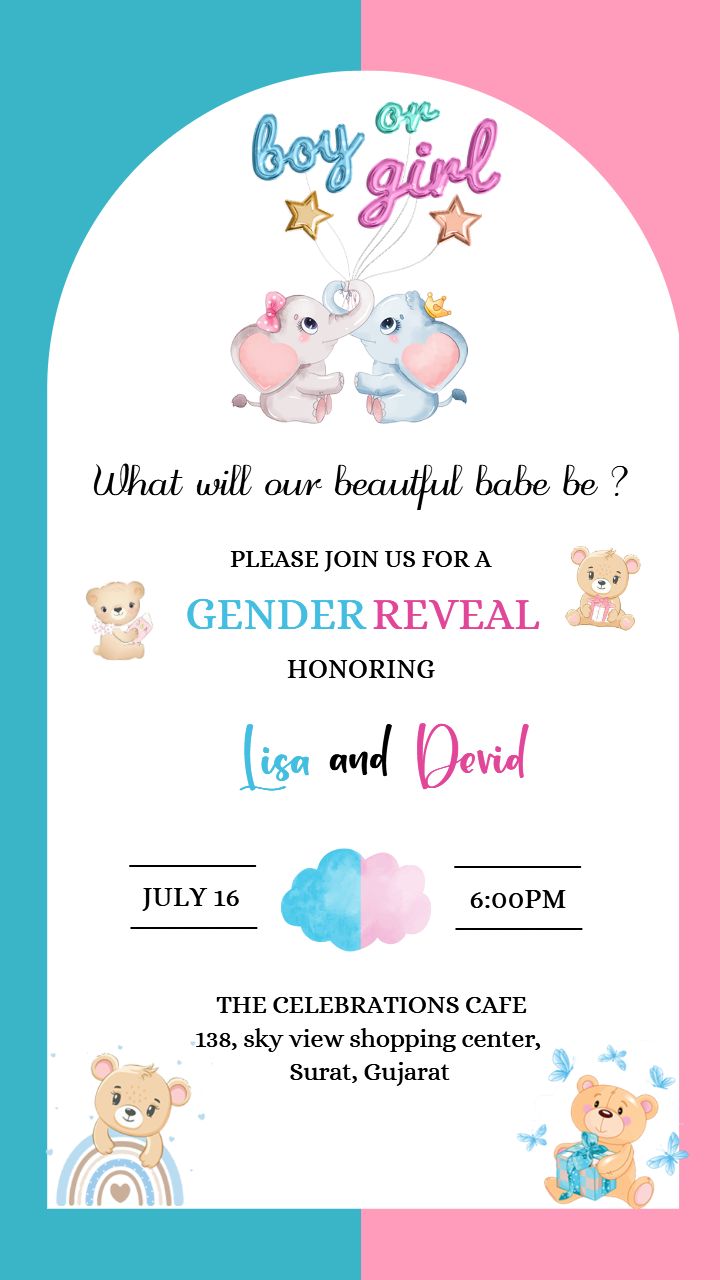 Unique Gender Reveal Invitation with Pink Blue Toys