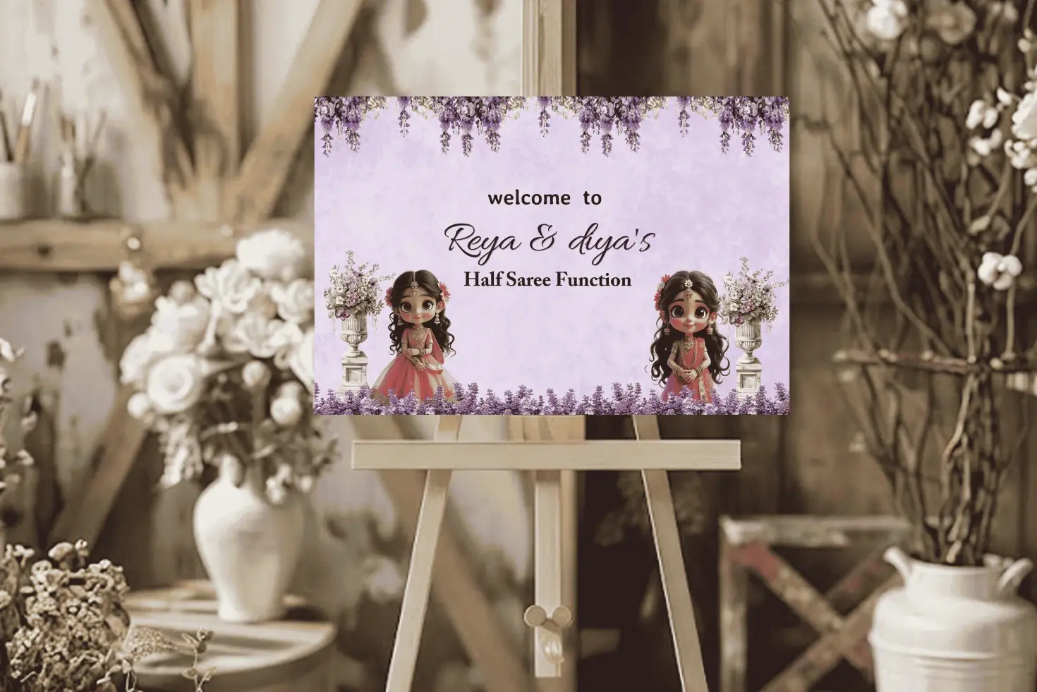 Floral Half Saree Function Welcome Board Design