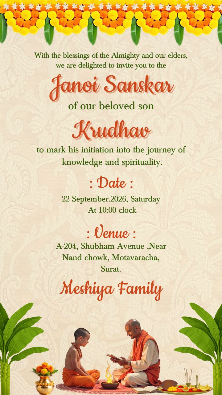 Janoi sanskar invitation card in modern Indian style