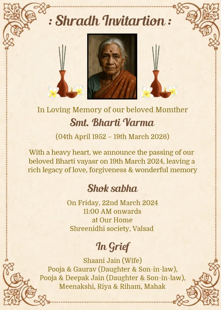 Shradh Card in English for Family Prayer and Remembrance