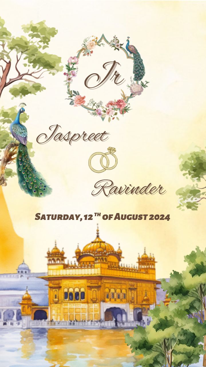 Golden Temple Engagement Invitation Card with Peacocks