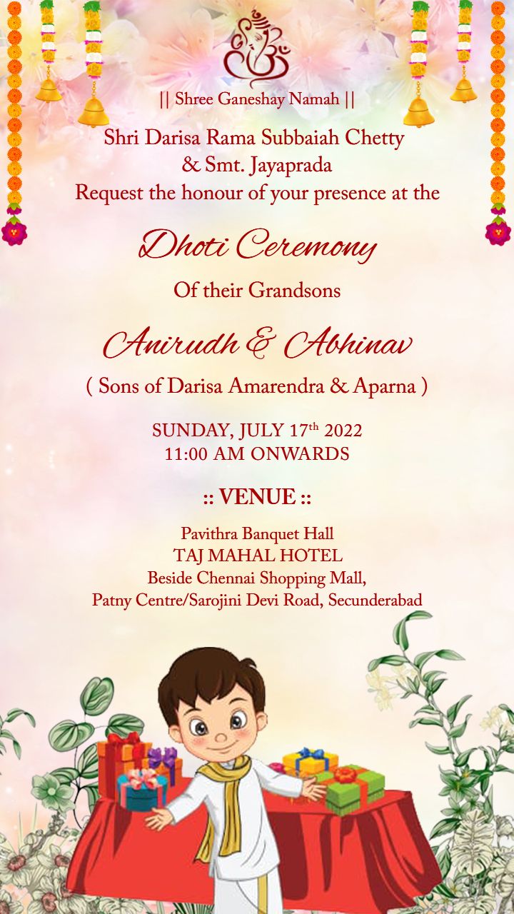 Indian Dhoti Ceremony Invitation for Twin Grandsons