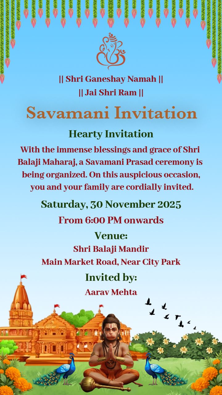 Invitation Card in Sawamani for Hanuman ji with Floral Theme