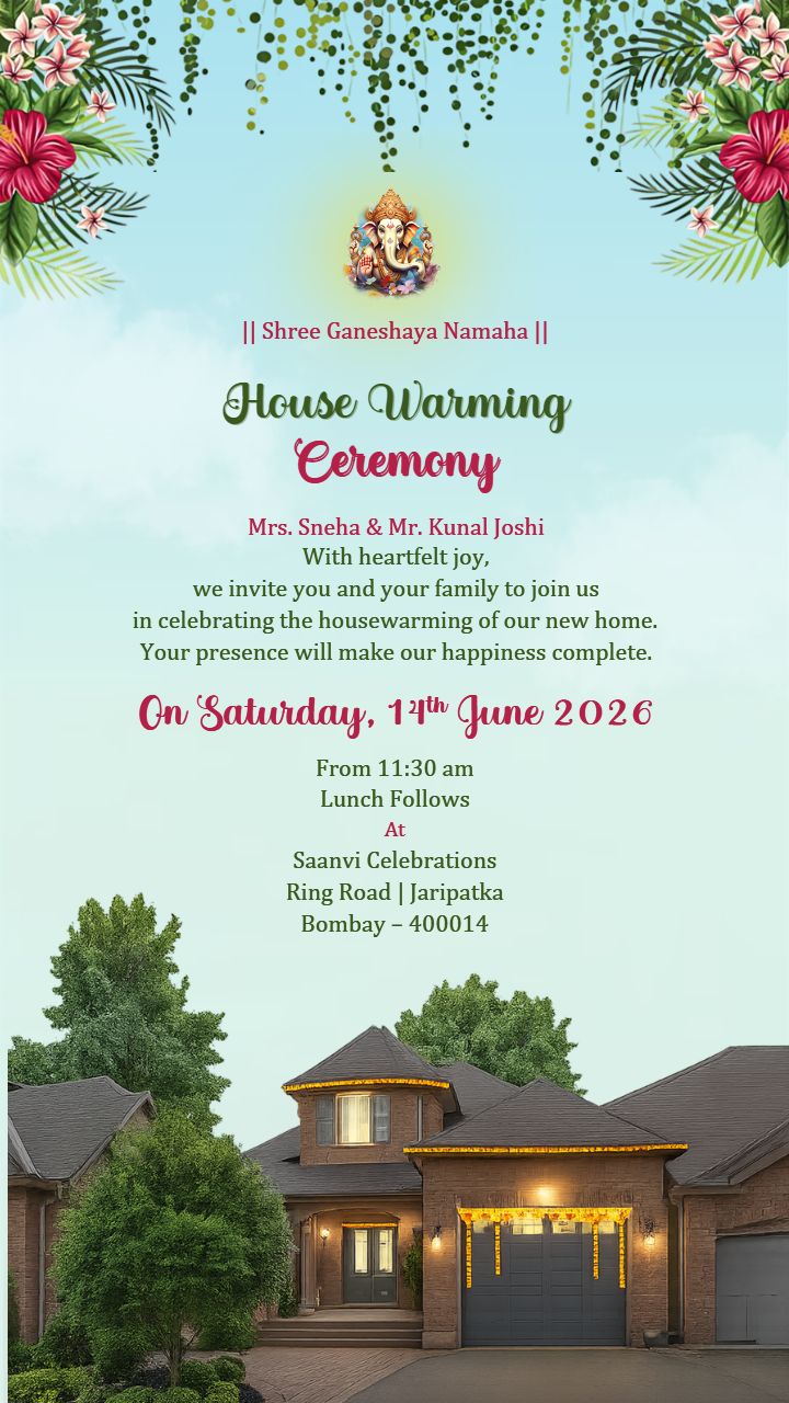 House Warming Ceremony Invitation Card With Floral Theme