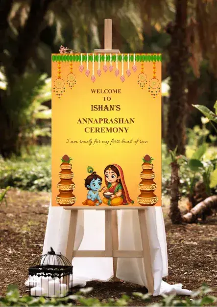 Indian Annaprashan Invitation Standee in Yellow Theme