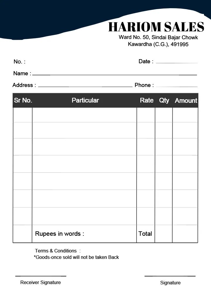 Download Printable Bill Book Format for Small Business