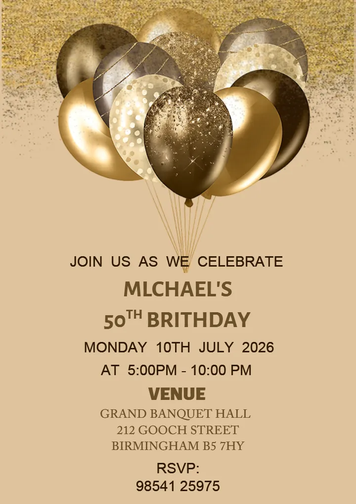 50th Brithday Celebration Invitation Card For Balloon Theme