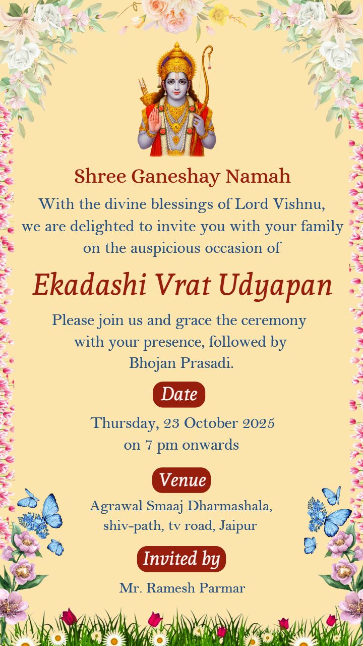 Free Ekadashi Invite Card in English with Yellow Theme
