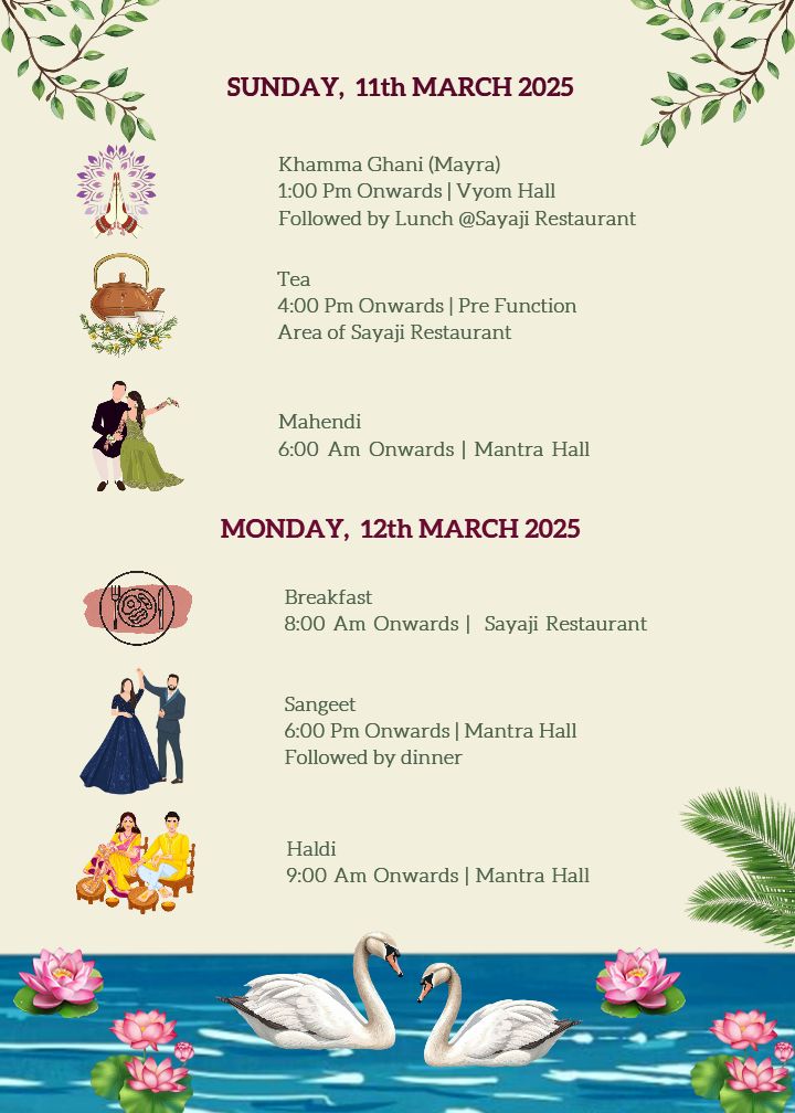 Royal Wedding Itinerary Template with Peacock and Swan Art