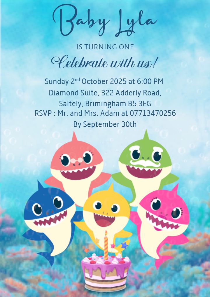 Baby Shark 1st Birthday Invitations Card for Baby Girls