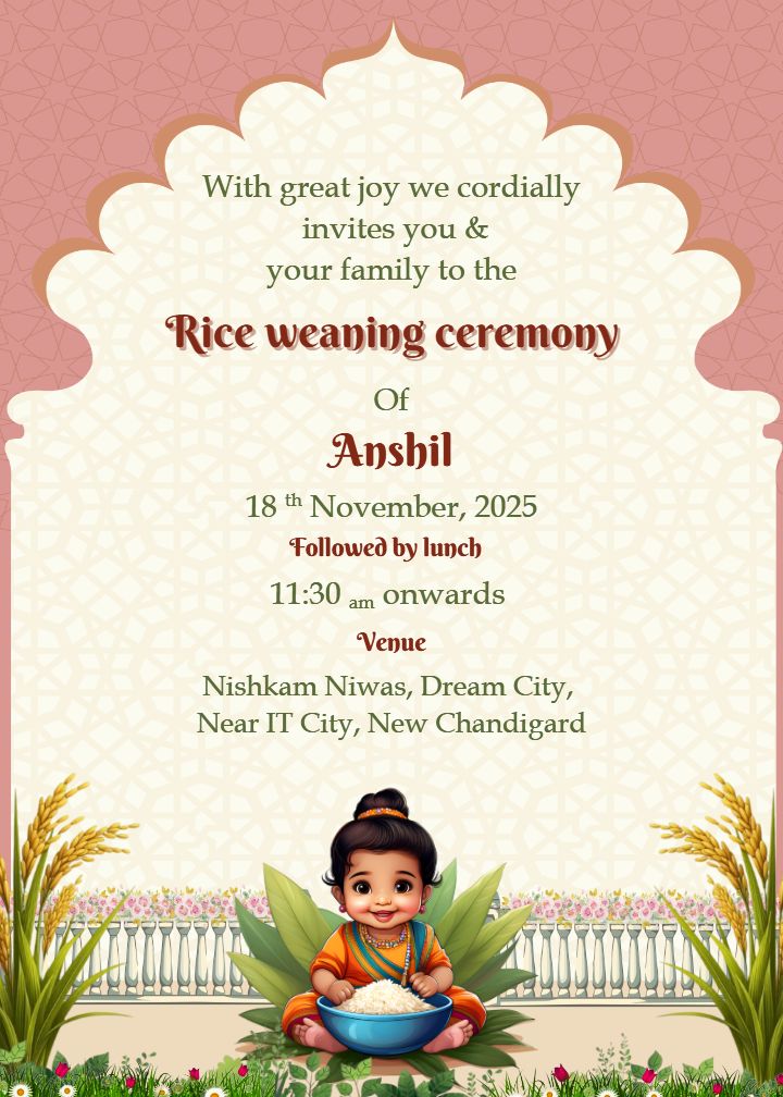 Cute Baby Rice Ceremony Invitation in Artistic Style