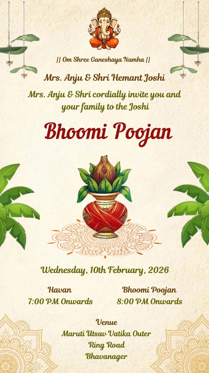 Yellow Theme Bhumi Poojan Invitation Card in English