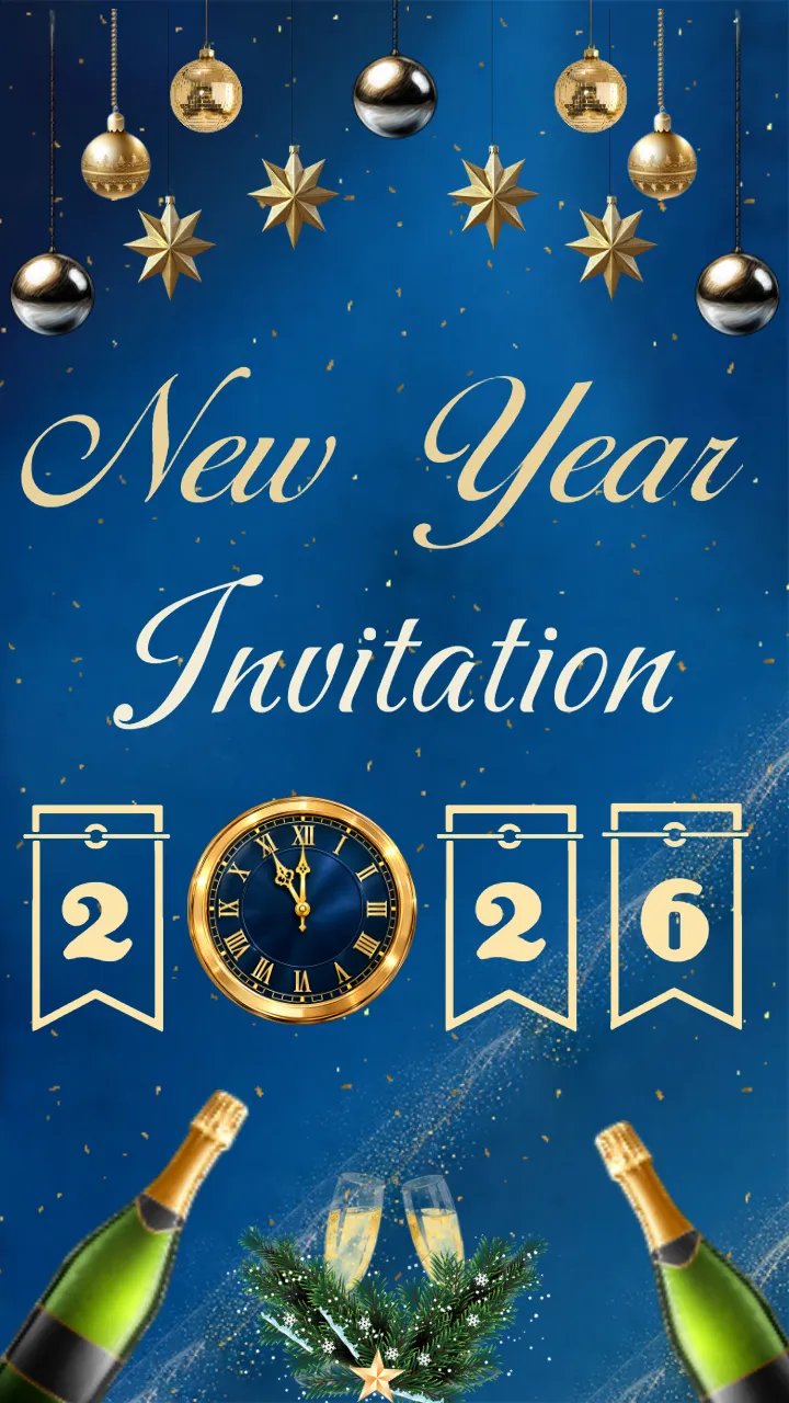 New Year Party Invitation with Royal Blue and Golden Details