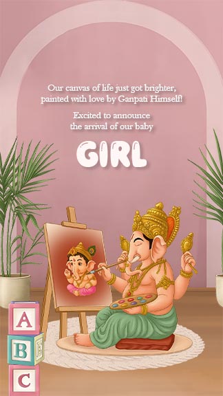 Blessed with Baby Girl Announcement Card Inspired by Ganesh