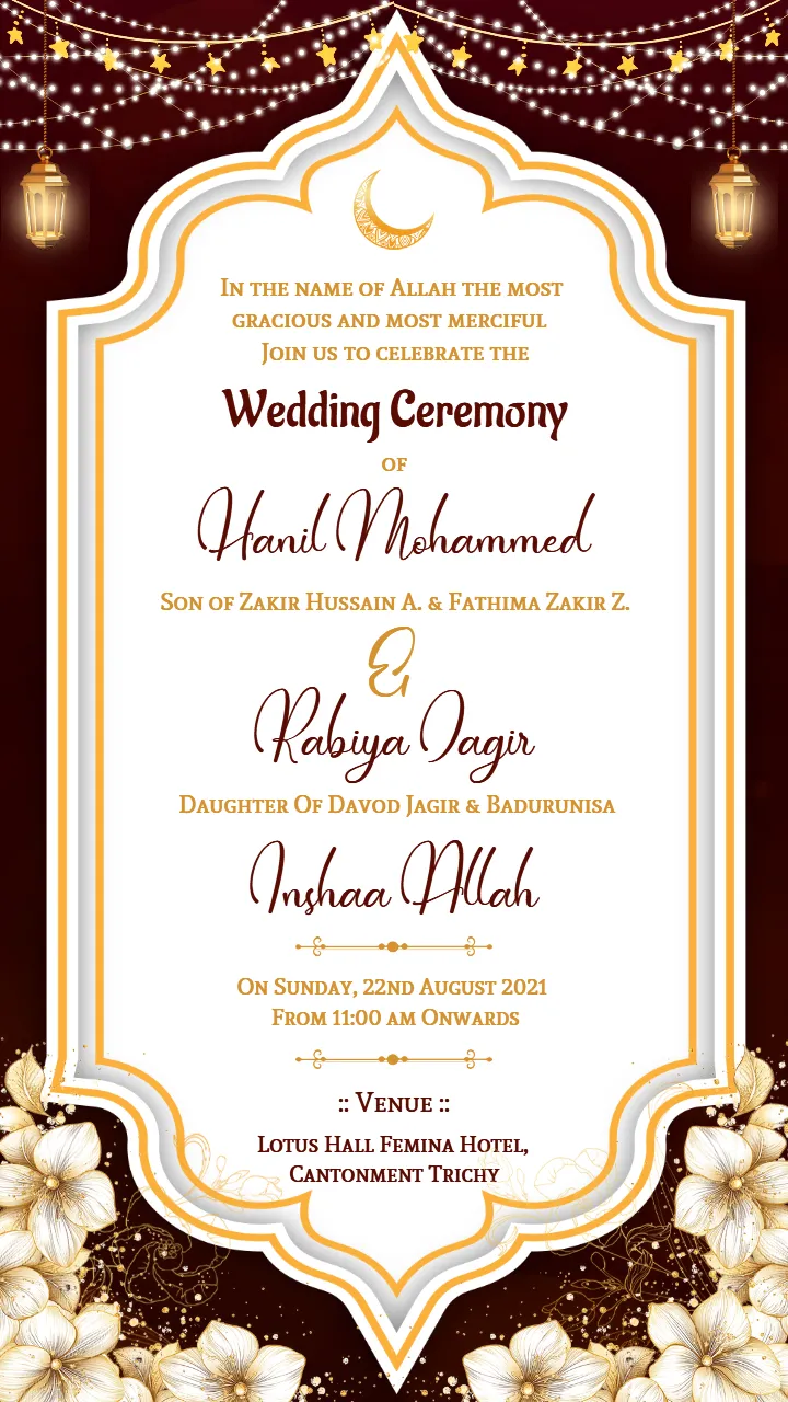 Muslim Wedding Invitation Card Crescent Moon Design
