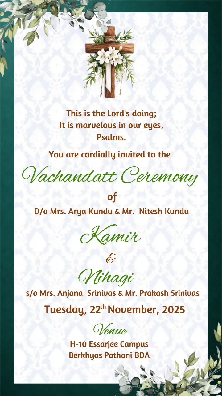 Modern Christian Vachandatt Ceremony Invitation Card