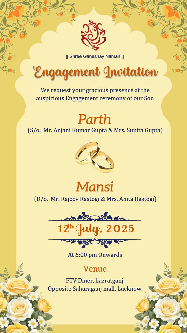 Yellow Rose Themed Engagement Card with Ganpati Blessings