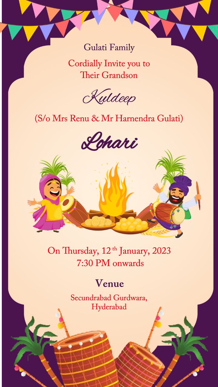 Bright Lohri Invitation Card with Dance and Bonfire