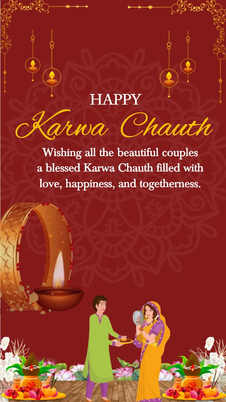 Happy Karwa Chauth Images with Diyas and Festivity