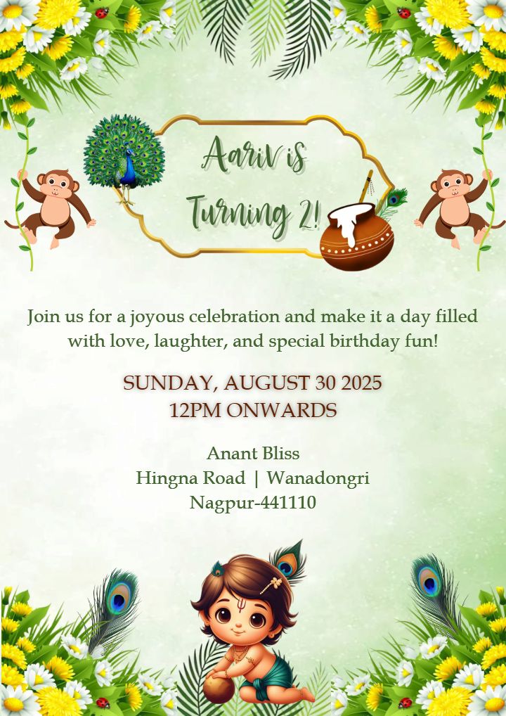 Krishna Theme 2nd Birthday Invitation Card for Boys